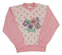 Bílo-růžové puntíkaté mikinotriko s motýlky 