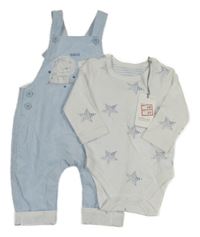 Nové - Bílo-modré body s hvězdami + světlemodré laclové podšité manšestráky s lvíčkem Mothercare