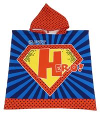 Modro-červené osuškové pončo s nápisom a kapucňou