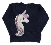 Tmavomodrý chlpatý sveter s jednorožcom
