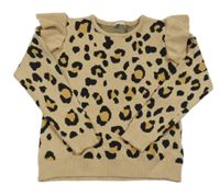 Béžovo-čierny sveter s leopardím vzorom a volánikmi