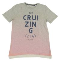 Světlešedo-růžové melírované ombré tričko s nápisy Tom Tailor