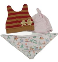 3set- 2x čepice pruhovaná s perníčky+ světlerůžová+ růžový slinták s obrázky