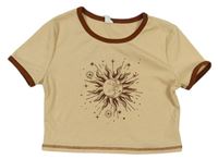 Béžové rebrované crop tričko so sluncem Shein