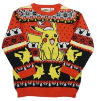 Červeno-bielo-čierny sveter so vzorom a Pikachu