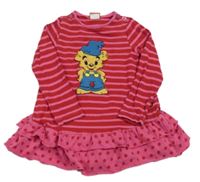 Červeno-ružové pruhované bavlnené šaty s medvedíkom