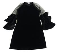 Čierne zamatové šaty s tylovymi rukávy Shein