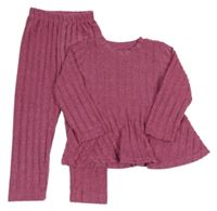 2set - Růžovo-šedá melírovaná žebrovaná svetrová tunika + kalhoty 