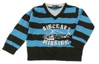 Hnedo-modrý pruhovaný sveter s vrtuľníkom