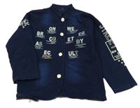 Tmavomodrý teplákový riflový kabátek s nápisy 
