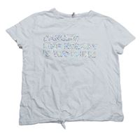 Biele melírované crop tričko s metalickými nápisy a uzlom ONLY