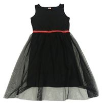 Čierne šaty s tylem a červeno-strieborným pasom Y.F.K.