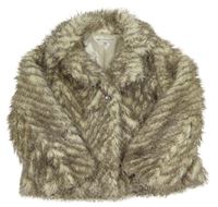 Hnědošedo-biely kožušinový podšitý kabát s golierikom M&S