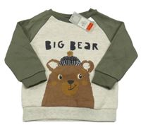 Nové - světlešedo-khaki melírovaná mikina s medvedíkom a nápisom PRIMARK