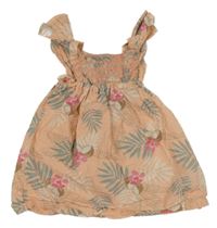 Broskvové plátenné šaty s lístečky a kokosy a volánikmi PRIMARK