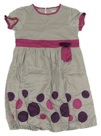 Sivo-malinové plátenné balonové podšité šaty s bodkami a mašlou Vertbaudet