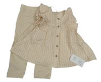 Nové - 2Set - Smetanovo-zlatá pruhovaná prepínaci tunika s volánky + legíny George