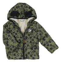 Khaki melírovaná prošívaná šusťáková zimní bunda s Mickey a nášivkou a kapucí Disney