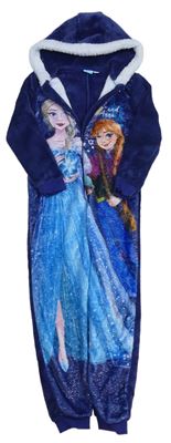 Tmavomodro-modrá chlupatá kombinéza Ledové Království s kapucňou Disney