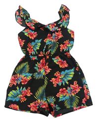 Čierny kvetovaný ľahký kraťasový overal s volánem Primark