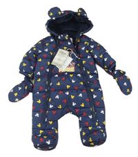 Nové - Tmavomodrá šušťáková zimná kombinéza s Mickeym a kapucí + rukavice Primark