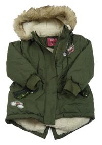 Khaki šušťáková zimná parka s nášivkami a kapucňou zn. Kiki&Koko