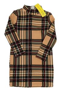 Nové - Meruňkovo-čierno-béžové kockované šaty so stojačikom Shein