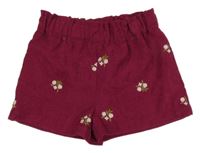 Vínové žebrované kraťasy s výšivkami květin Tu