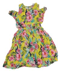Žluté květované lehké šaty s listy a průstřihy Primark