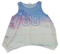 Modro-biely ombrý top s palmami a číslem z flitrů H&M