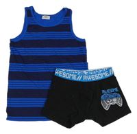 2set - Tmavomodro-zafírové pruhované tílko + čierne boxerky s ovladačem