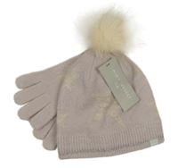 Nové - 2 set - lila pletená čepice s hvězdou a bambulí + pletené prstové rukavice 