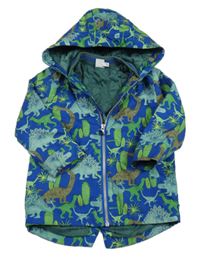 Modro-zelená šušťáková jarná bunda s dinosaurami a kaktusmi a kapucňou Miniclub