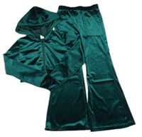 2 set - Zelená sametová crop propínací mikina s kapucí + flare tepláky shein