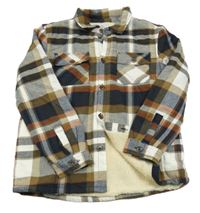 Béžovo-tmavomodrá kockovaná zateplená košeľová bunda Matalan