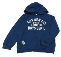 Tmavomodrá mikina s nápisem a kapucí 