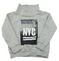 Sivá melírovaná mikina s potlačou a komínovým golierom