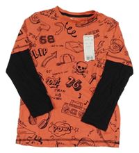 Nové - červeno-černé vzorované triko s obrázky F&F