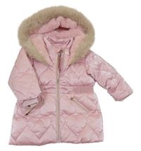 Růžová šusťáková prošívaná zimní bunda s kapucí s kožešinou Matalan
