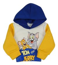 Bielo-žlto-modrá mikina s Tomem a Jerrym a kapucňou