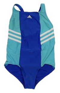 Modro-tyrkysové jednodielne plavky s pruhmi a logom Adidas