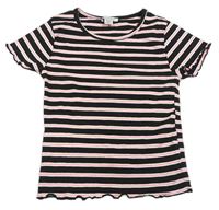 Čierno-bielo-neónově ružové pruhované rebrované crop tričko Primark