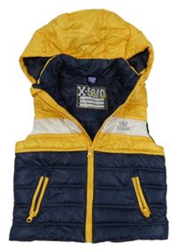 Tmavomodro-žlto-biela šušťáková zateplená vesta s nápisom a kapucňou Dopodopo