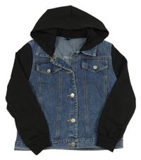 Modro-černá riflová bunda s teplákovými rukávy a kapucí Shein