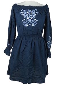 Dámské tmavomodré šaty s kytičkami a lodičkovým výstřihem Hollister 