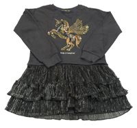 Tmavošedo-černé teplákovo/šifonové šaty s koníkem F&F