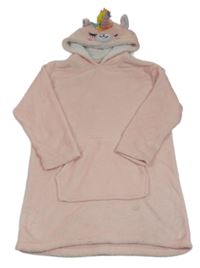 Světlerůžová chlupatá oversize mikina s kapucí - jednorožec