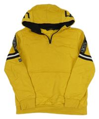 Tmavožltá mikina s pruhy,nápisy a kapucňou George