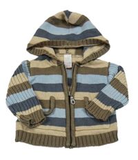 Hnědo-modrý pruhovaný propínací svetr s kapucí 