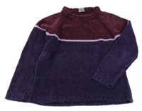 Vínovo-fialový žinylkový svetr s lila pruhem 